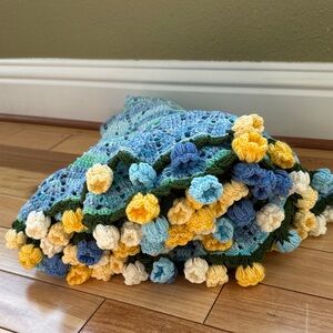 Colorful Crochet Blanket with Floral Accents bouquet blanket/shawl/baby blanket
